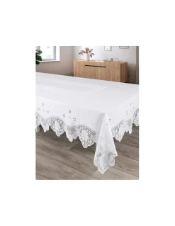 180x350 cm - Toalha de mesa de linho bordada C/ crochê a mão