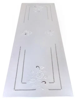 170x350 Toalha de mesa de linho bordada a mão - Bordados richelieu C/ Flor Branco